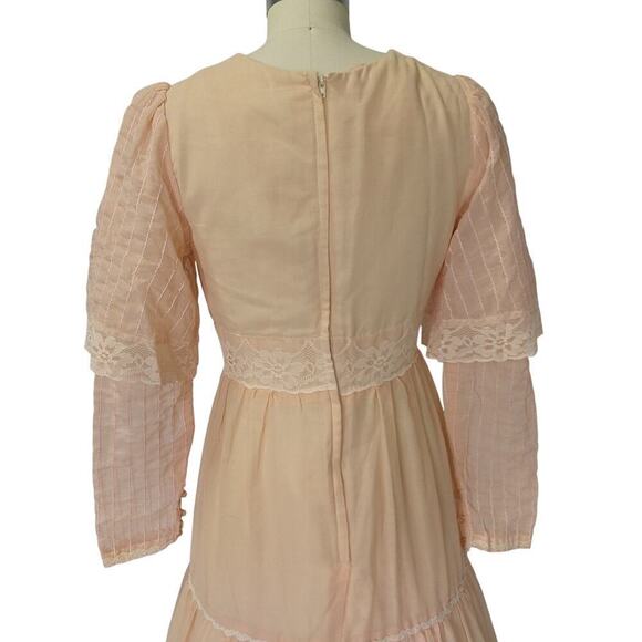 Gunne Sax Pink Peachy Maxi Dress Size 11 S Vintage 70s Overlay Sleeves Prairie - Picture 7 of 11